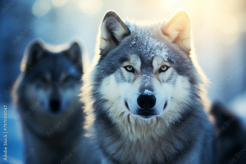 Majestic wolves in a snowy forest at dusk Majestic wolves in a snowy forest at dusk