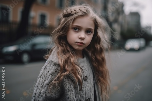A young girl with long brown hair stands on a city street