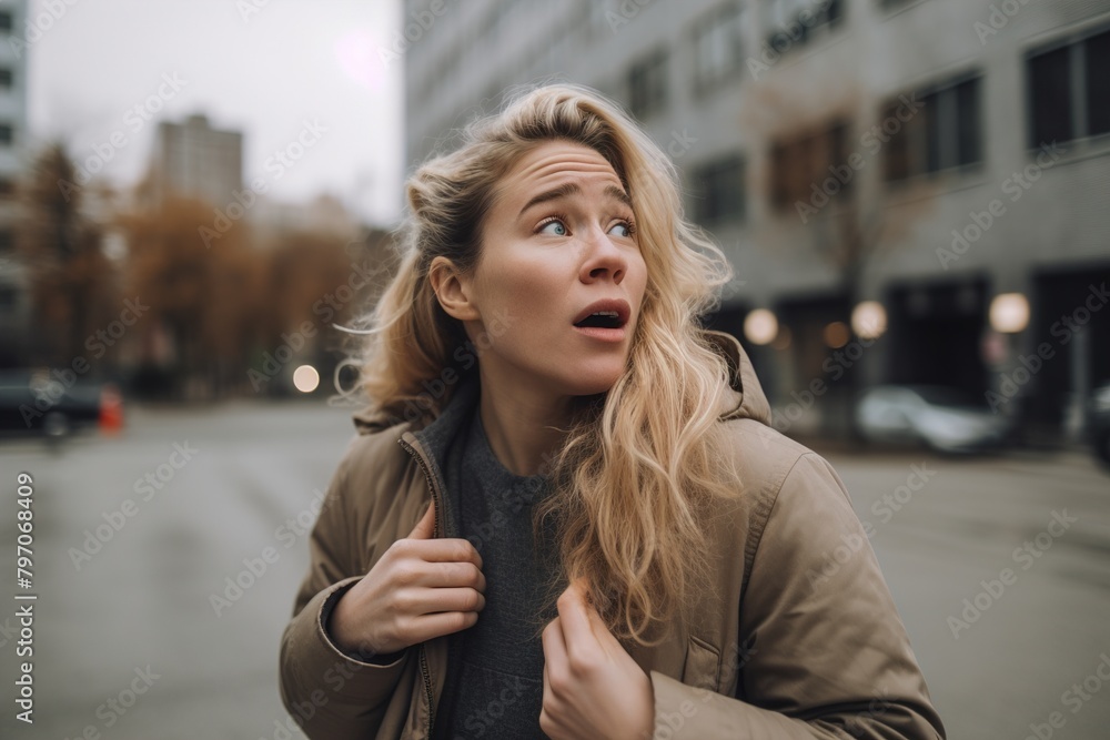 A woman with blonde hair is standing on a city street, looking up at the sky