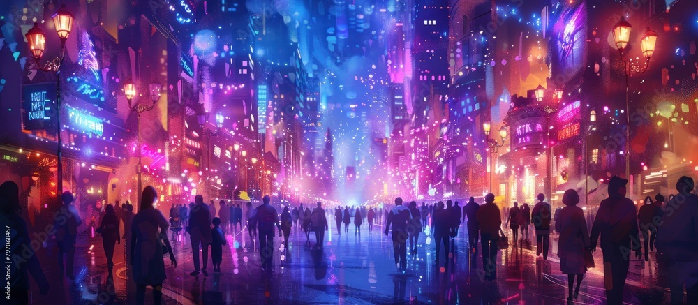 Fototapeta premium Group of People Walking Down Street at Night