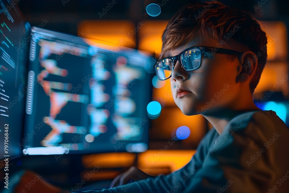 A focused young boy in glasses coding on a computer in a dark room. Concept Technology, Coding, Education, Concentration, Learning