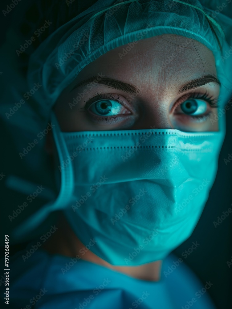 Focused healthcare professional in surgical mask and cap Focused healthcare professional in surgical mask and cap