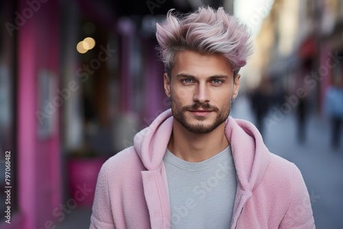 A man with pink hair and a pink hoodie is standing on a street