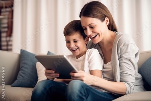 A young boy and his mother are sitting on a couch, both holding a tablet