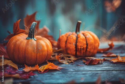 Thanksgiving pumpkin decorations for festive background. Concept Festive Decor  Thanksgiving Pumpkin  Seasonal Background