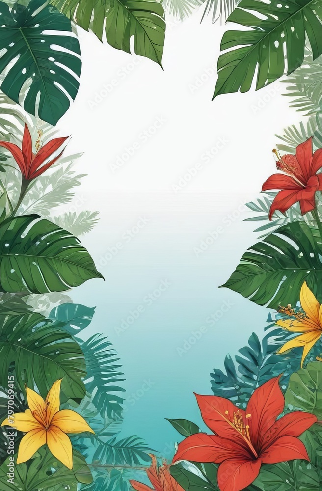 Frame of vibrant tropical leaves and flowers, on light blue background Frame of vibrant tropical leaves and flowers, on light blue background