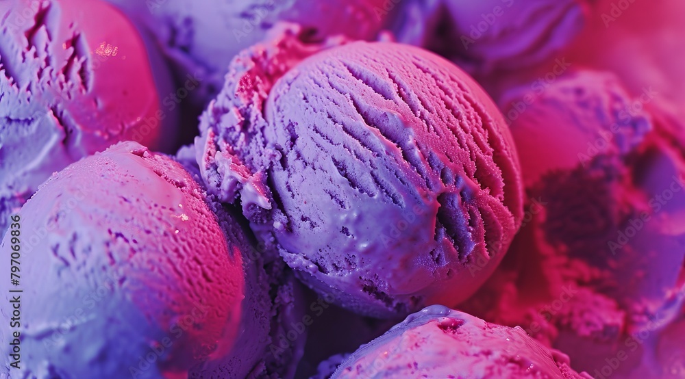 Colorful scoops of ice cream under vibrant lighting Colorful scoops of ice cream under vibrant lighting