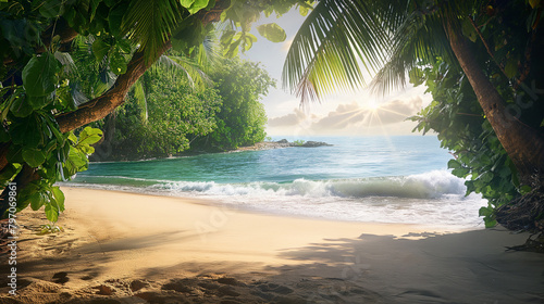 Sunlit Tropical Cove Through Foliage, Untouched Beach Paradise