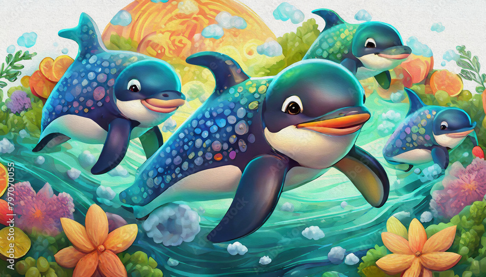 Fototapeta premium oil paimtong style CARTOON CHARACTER CUTE baby orca whale Swimming in Sunlit Waters, fish