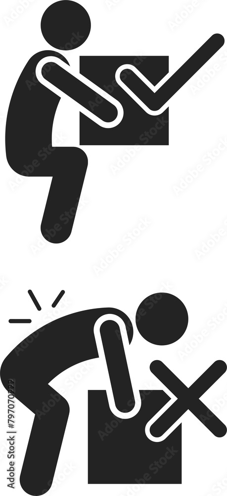 Fotografie Bundle set of pictogram right and wrong way to lift heavy box, for backpain safe