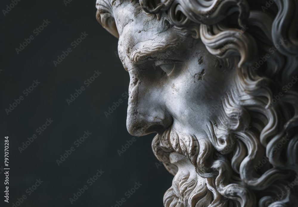 Classic marble statue of a bearded man in dramatic lighting