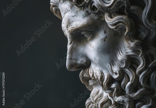 Classic marble statue of a bearded man in dramatic lighting