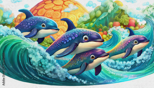 oil paimtong style CARTOON CHARACTER CUTE baby orca whale Swimming in Sunlit Waters, fish