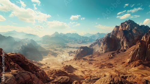 A panoramic view of a beautiful mountain landscape, symbolizing Mount Sinai where the Ten Commandments were given during Shavuot. photo