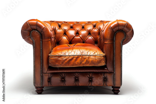 An angled shot of a Chesterfield chair, showcasing its plump cushions and inviting seat, isolated on solid white background.
