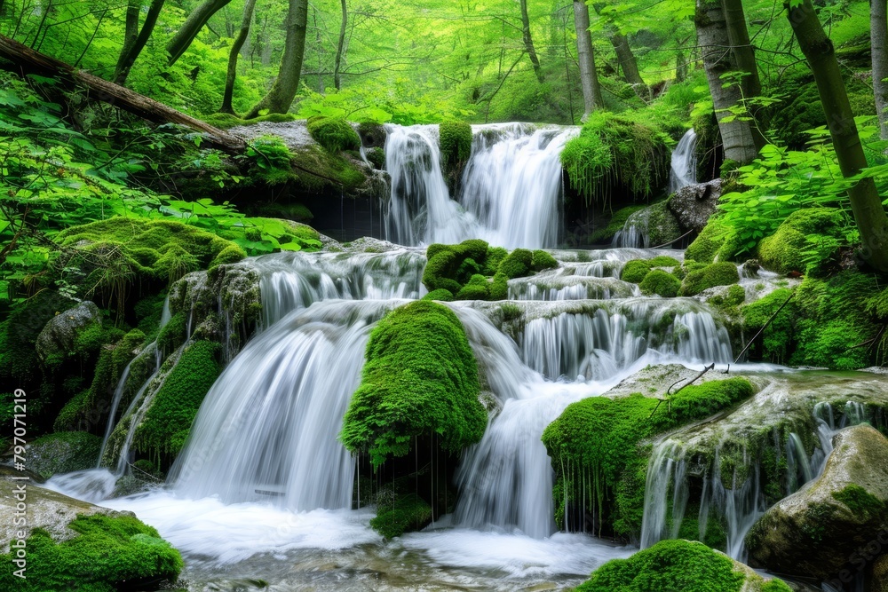 Serene Waterfall in Lush Green Forest Serene Waterfall in Lush Green Forest
