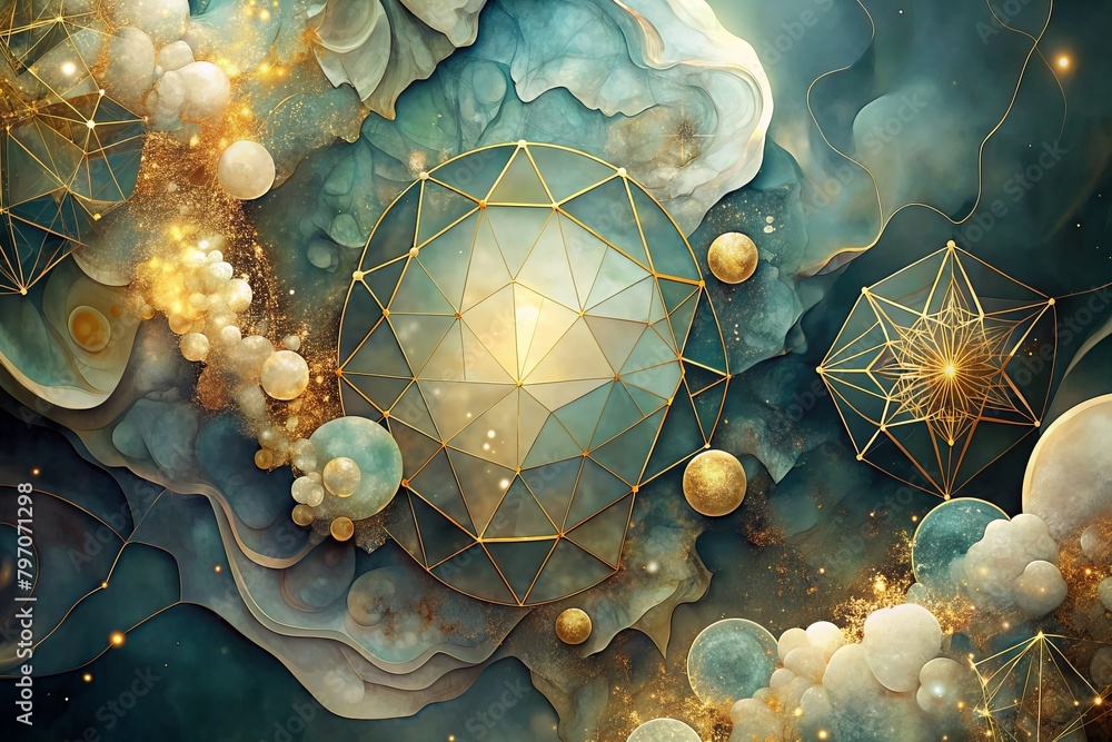 The artwork portrays golden geometric shapes amidst a dreamy, cloud-filled expanse, embodying abstract concepts of serenity and balance, ideally suited for background use - obrazy, fototapety, plakaty 