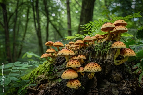 Mushrooms growing on a mossy log in a lush forest