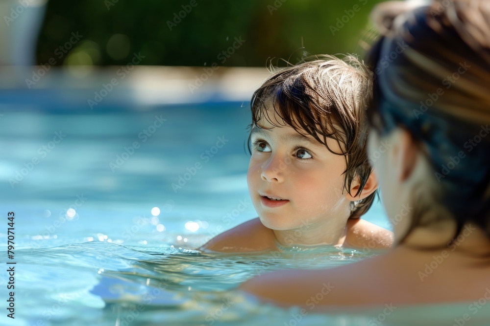 Child swimming in a pool playing water sports fun family vacation children mom dad childhood memory experience happy leisure summer activity smiling cheerful sport splashing swim joy action resort