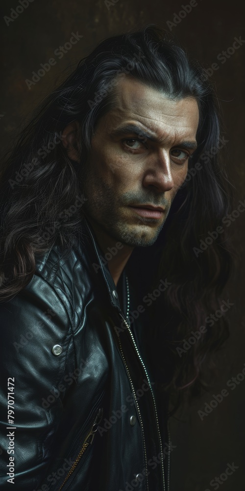 Intense man with long hair wearing a leather jacket Intense man with long hair wearing a leather jacket