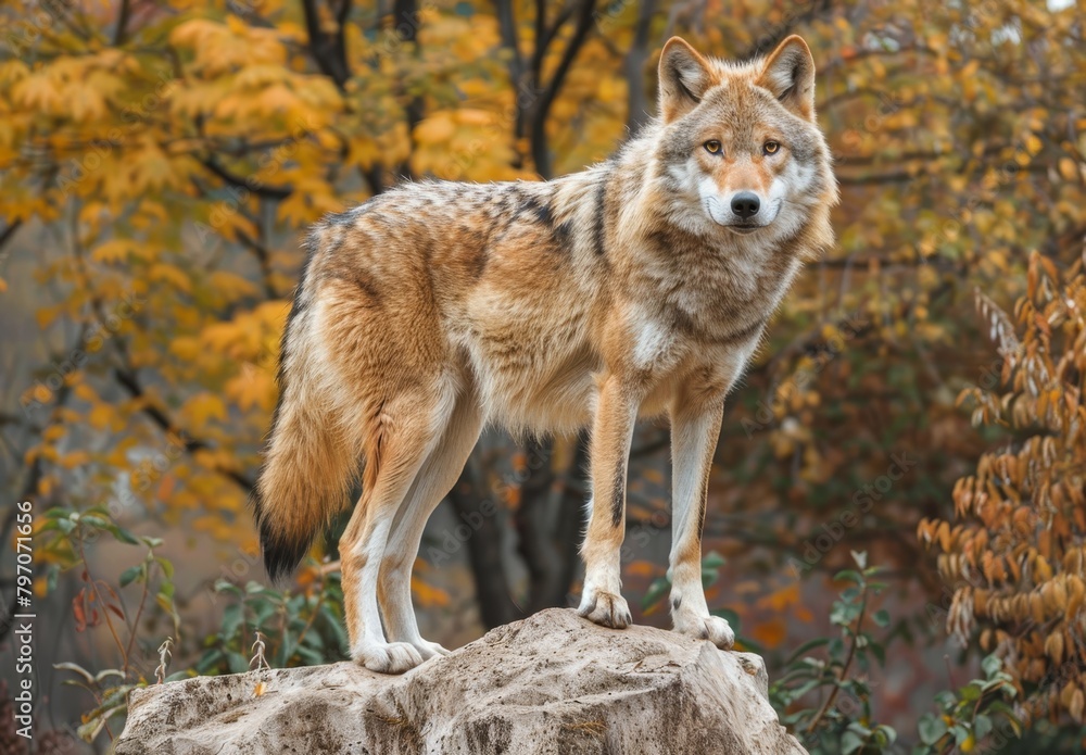 Majestic wolf standing on a rock in autumn forest