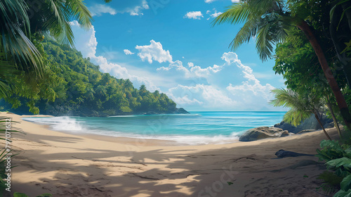 The Gentle Waves Of The Pristine Waters Lap Onto A Sunlit Tropical Beach, Palms And Lush Greenery © oxart_studio