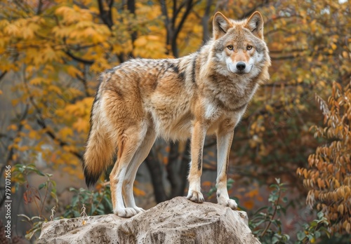 Majestic wolf standing on a rock in autumn forest