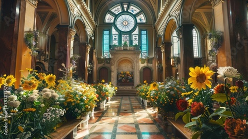 A panoramic view of a beautiful synagogue decorated with flowers for Shavuot.