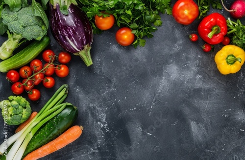 Assortment of fresh vegetables on a dark slate background