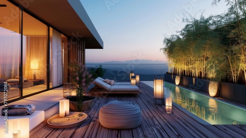 Elegant Japandi-style outdoor terrace with pool  sunset view  and modern lighting