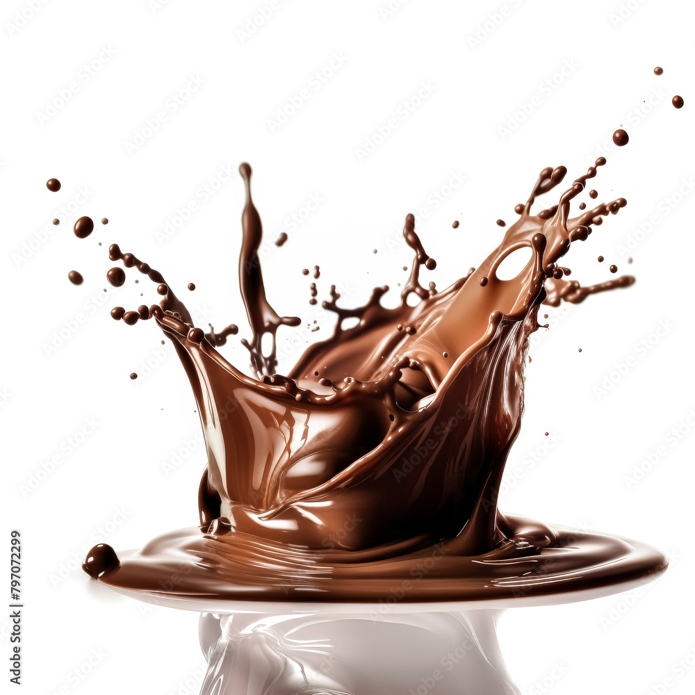 A splash of chocolate is splattered across a white background. Concept of excitement and indulgence, as the chocolate is a popular treat that many people enjoy. The splatter effect adds a dynamic A splash of chocolate is splattered across a white background. Concept of excitement and indulgence, as the chocolate is a popular treat that many people enjoy. The splatter effect adds a dynamic