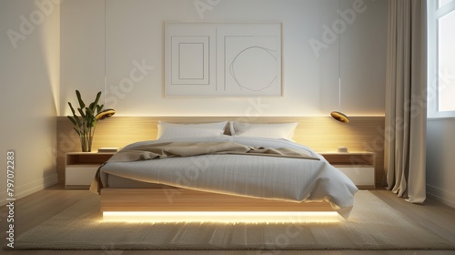 Modern minimalist bedroom design with warm lighting and clean lines