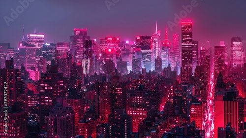 A panoramic view of a cityscape with buildings lit up in red to raise awareness for Hepatitis, symbolizing the global impact of the disease. © Manzoor