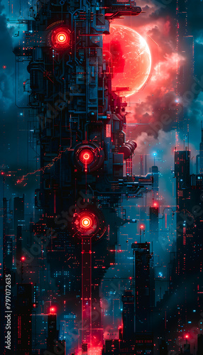 Ville du futur avec lune rouge  sc  ne futuriste de science fiction