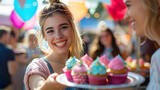 A girl holding out a plate of cupcakes to friends at an event. smiling and enjoying the diverse array of treats on display 