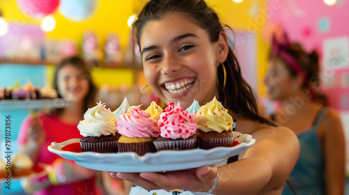 A girl holding out a plate of cupcakes to friends at an event. smiling and enjoying the diverse array of treats on display 