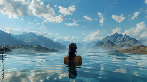 a girl under a blue sky in a boundless pool reflecting distant mountains. ultra realistic 