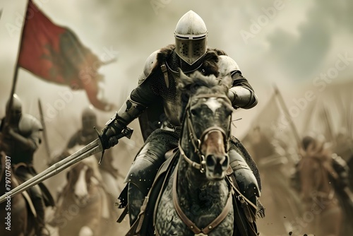 Courageous knight on horseback charging into battle with sword and armor. Concept Medieval Knight, Horseback Fighting, Battle Armor, Chivalry Code, Sword Skills