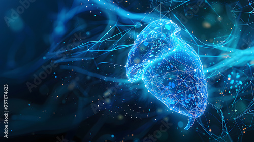 A glowing blue digital illustration of the human liver with medical elements and waves in the background. on a dark blue background 