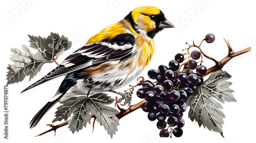 a golden metalic feather bird . white and black grapes color lines photo