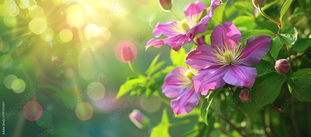 Beautiful clematis flowers in the garden on a green background with sun rays and a bokeh effect, banner design, close up Generative AI Beautiful clematis flowers in the garden on a green background with sun rays and a bokeh effect, banner design, close up Generative AI