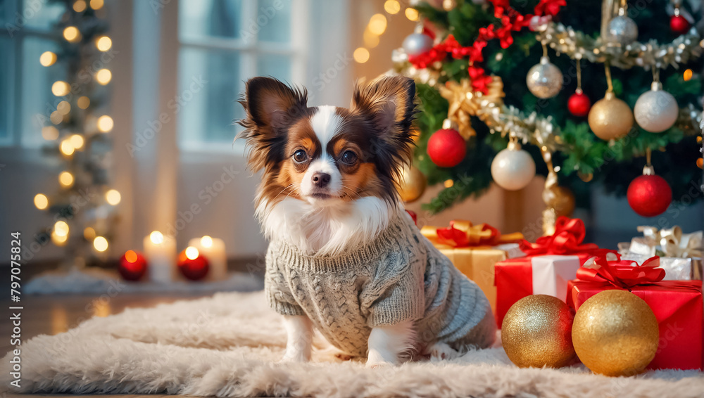 cute dog in a sweater, Christmas tree, gift boxes present cute dog in a sweater, Christmas tree, gift boxes present