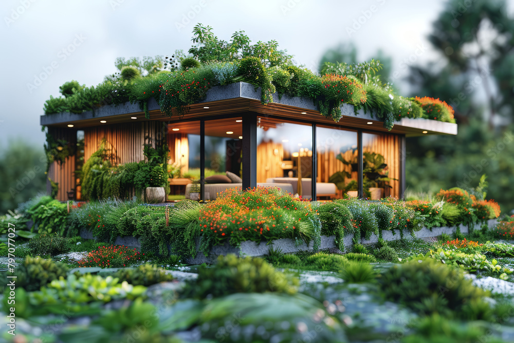 A rooftop adorned with greenery, part of an eco-friendly building designed to maximize energy efficiency and sustainability. Concept of green building practices. Generative Ai.