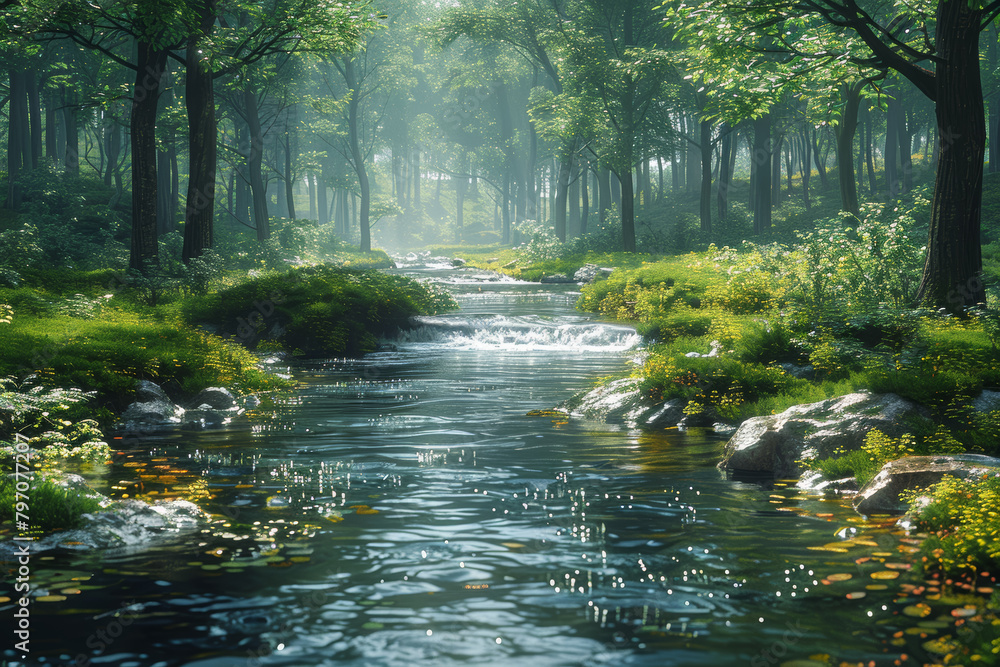 Obraz premium A forest teeming with life, preserved and protected thanks to the reduced reliance on fossil fuels. Concept of environmental conservation through renewable energy. Generative Ai.