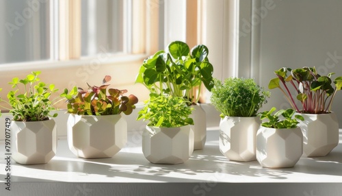 Houseplants in flowerpots rest on rectangular table by window © ЮРИЙ ПОЗДНИКОВ