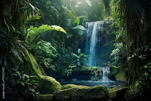 Hidden Jungle Waterfall Gradient - Captivating Tropical Rainforest Photography Backdrop