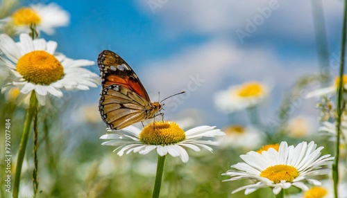beautiful field meadow flowers chamomile and butterfly against blue sky with clouds nature spring summer landscape close up macro