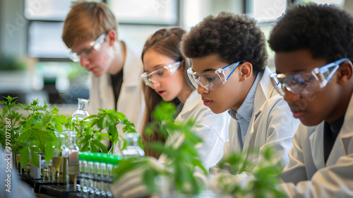 A group of students in lab coats and safety glasses are working on plant research. looking at plants with experimental science tools like test tubes filled with green liquid  photo