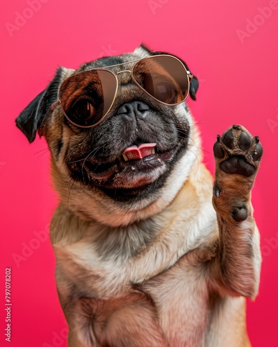 Fawn pug dog with sunglasses waves paw, showing wrinkled snout