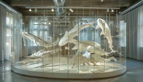 Room with a metal fixture of sharks in a glass cage
